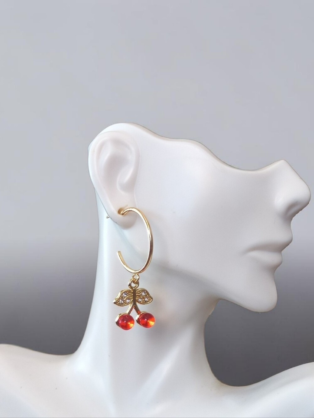 Gold Cherry Hoop Earrings - Elegant Red Dangle